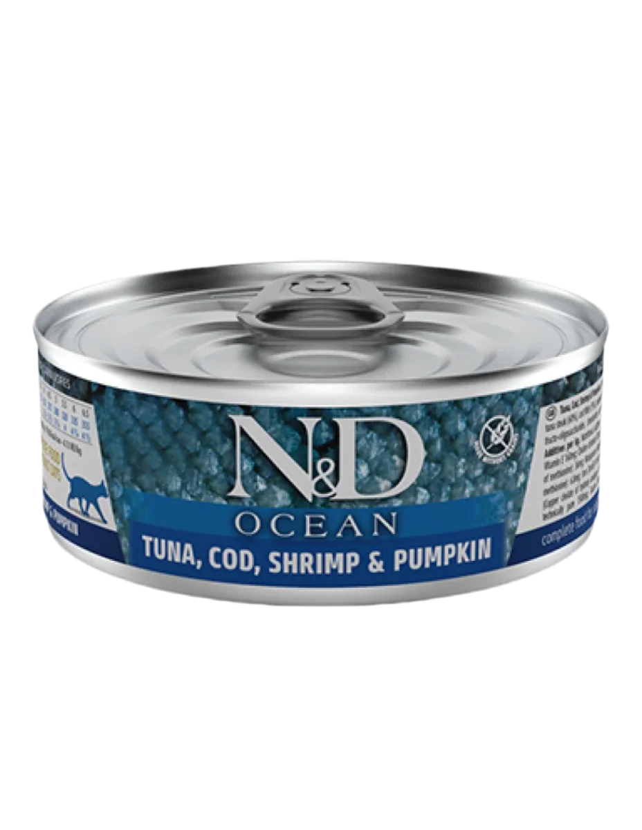 Farmina | N&D Ocean – Atún, bacalao, gambas y calabaza para gatos (24x70g)